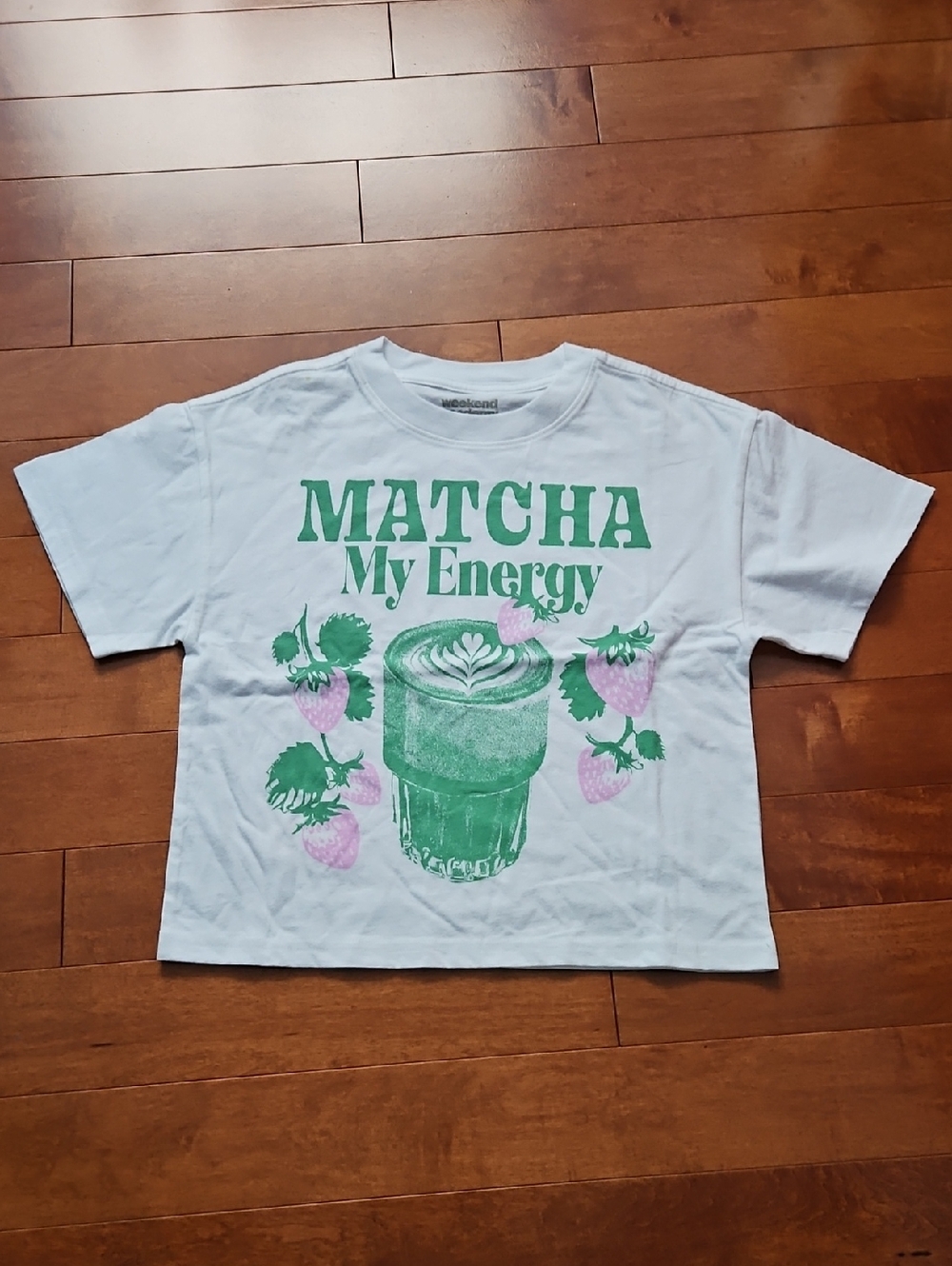 New Matcha My Energy Graphic Tee - White with Green & Pink Print